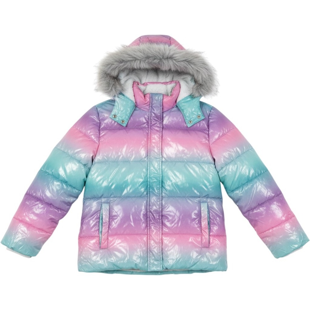 Justice Jacket Girls 7/8 Multicolor Ombre Puffer Hooded Faux Fur Lined Winter
